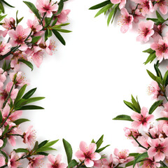 Fototapeta premium Pink peach blossoms and green leaves frame white background