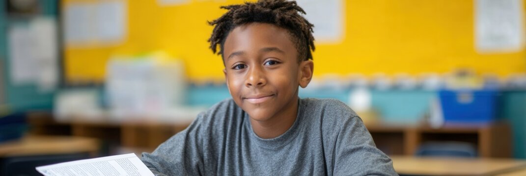 A young boy with dreadlocks smiles while sitting at a desk in a classroom, holding an open book. The setting is bright and inviting, ideal for educational themes.