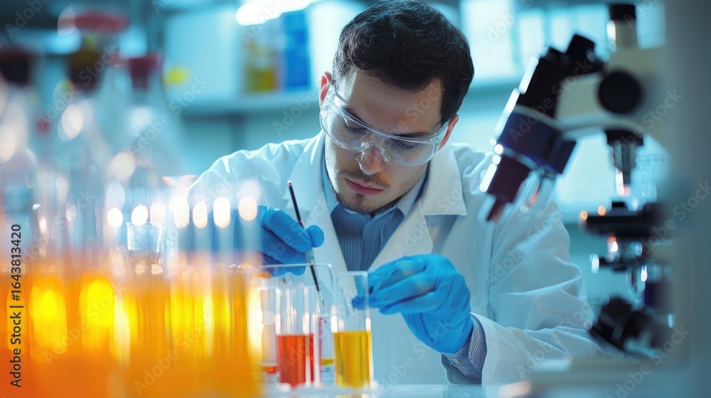 Poster a man in a lab coat and safety goggles, working with test tubes and a microscope in a laboratory.