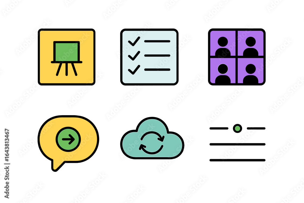 Poster colorful icons representing various tasks and communication methods in a digital workspace environme