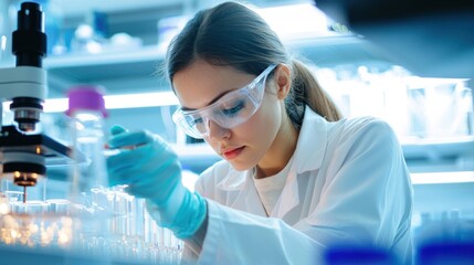 A female scientist wearing protective gear, examining a sample under a microscope in a laboratory setting.