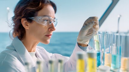A female scientist, caucasian in a lab coat and safety goggles, analyzing water samples in a mobile ocean lab. Minimalist interior with glass vials, digital instruments, and soft lighting