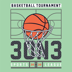 Basketball tournament 3 on 3 sports league design with basketball hoop and court illustration for t shirt print and athletic team apparel