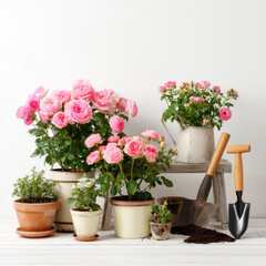 Obraz premium Pink roses pots with gardening tools and plants creating fresh