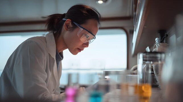 A female scientist, caucasian in a lab coat and safety goggles, analyzing water samples in a mobile ocean lab. Minimalist interior with glass vials, digital instruments, and soft lighting