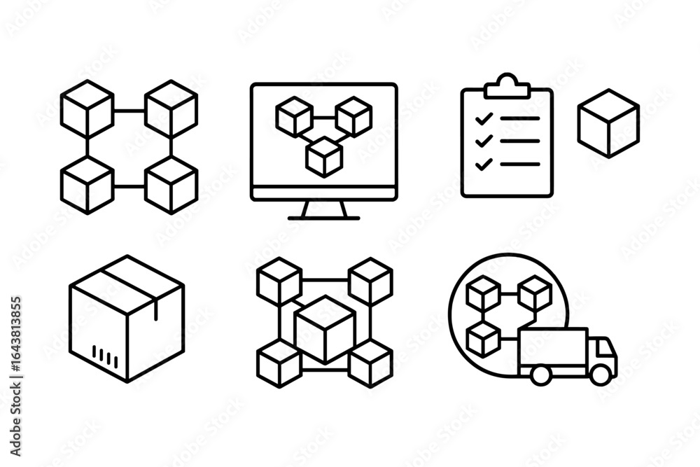 Poster concepts of inventory management and logistics represented through geometric shapes and icons in a d
