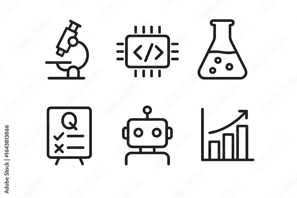 Poster technology and science icons represent innovation in research and development in an educational sett