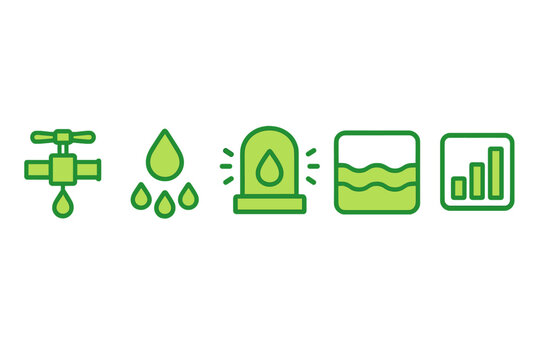 Various green icons representing water management concepts related to conservation, monitoring, and treatment systems