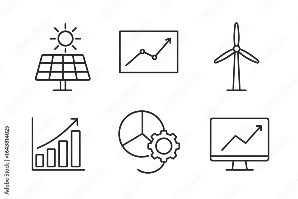 Poster visual representation of renewable energy concepts including solar panels and wind turbines in a mod