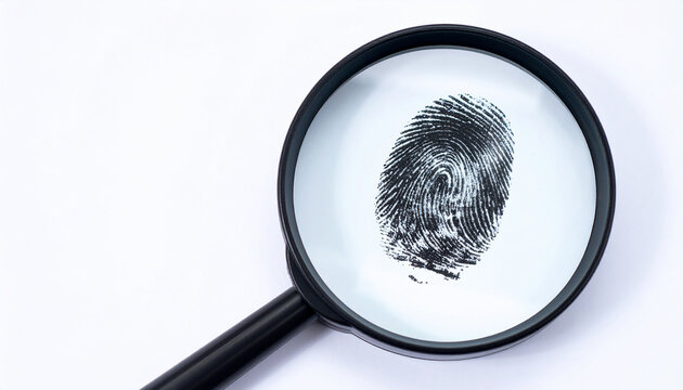 Magnifying glass and black fingerprint ink on white. Biometric identification for forensic purposes.