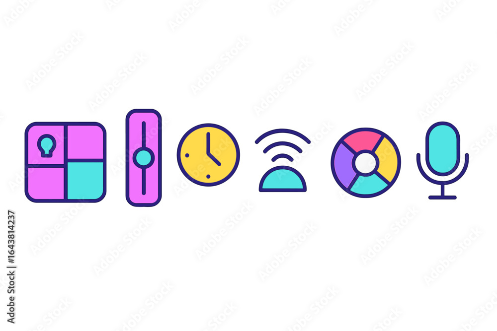 Aufkleber colorful icons representing technology and communication tools in a digital design context