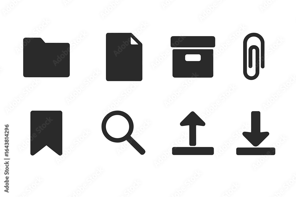 Poster collection of essential digital icons for organization and file management in a minimalist style