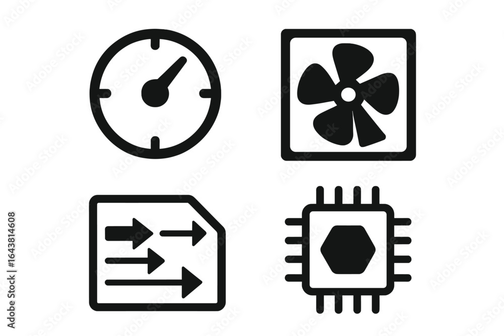 Aufkleber icons representing technology elements such as a clock, fan, data transfer, and microchip in a minim