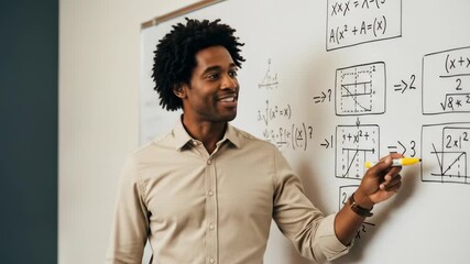 Smiling Male Teacher Writing Math Equations on Whiteboard - Powered by Adobe