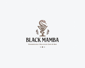 Fototapeta premium Black Mamba snake coiled around a martini glass logo template for bar cafe