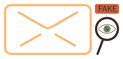 Envelope and fake text with magnifying glass over eye represent email analysis, fraud detection, and phishing prevention. Ideal for cybersecurity, spam filtering, online safety, digital scams, data