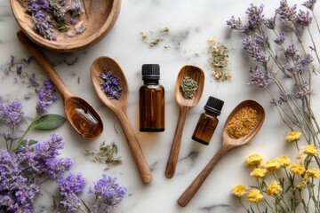 Overhead shot of amber essential oil bottles nestled amongst wooden spoons filled with dried herbs and fresh lavender and chamomile blossoms on a marble surface