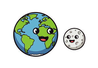 Earth and moon smiling in a simple, playful illustration. Perfect for astronomy, science, education, and childrens materials and products.
