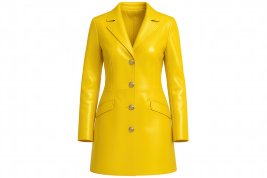 Yellow leather coat with golden buttons isolated on transparent background, perfect for fashion and apparel projects