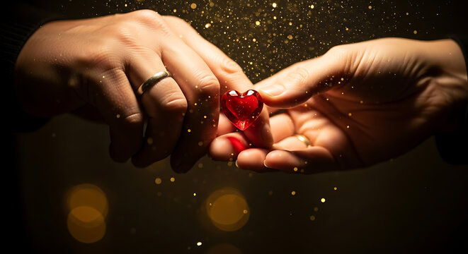 Couples hands exchanging a red heart, symbolizing love and connection
