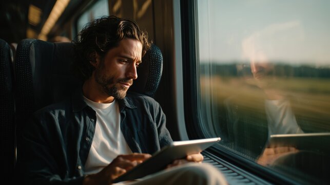 man sits on a train, focused on his tablet. The scenery outside the window shows green fields, illustrating a digital nomad lifestyle.
