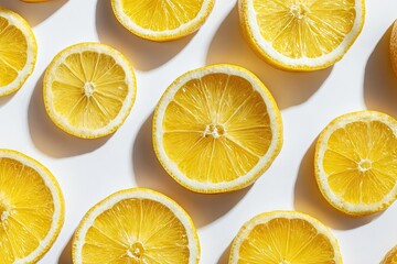 Fototapeta premium Overhead shot of lemon slices arranged on a white background, casting soft shadows. The vibrant yellow citrus fruit creates a bright, refreshing pattern