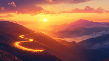 Winding mountain road bathed in golden sunset light.
