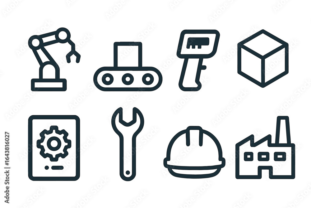Poster industrial automation icons representing modern manufacturing processes and technology in a streamli