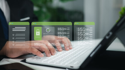 Businessman typing on laptop with cybersecurity interface, secure login, and data protection concept for online security and privacy.