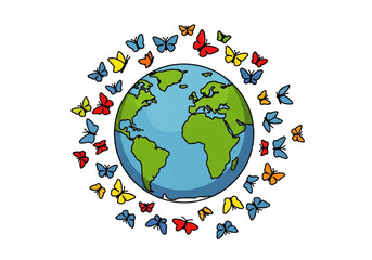 Earth surrounded by fluttering butterflies, ideal for environmental themes, nature designs, calendar covers, and educational materials with a peaceful vibe.