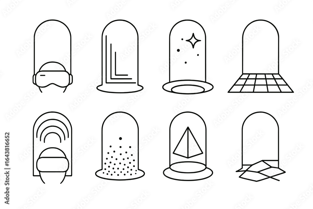 Poster collection of minimalistic abstract designs featuring geometric shapes and virtual themes displayed 