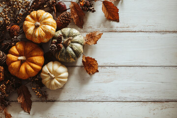 Creative Fall layout made of pumpkins. Autumn, Halloween or Thanksgiving season concept. Flat lay