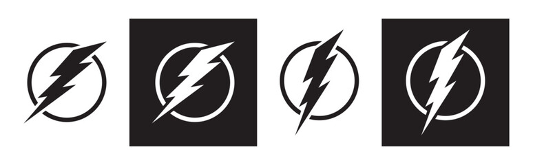 Collection of lightning bolt vector icons with different versions for web design, isolated on a black and white background. Vector illustration