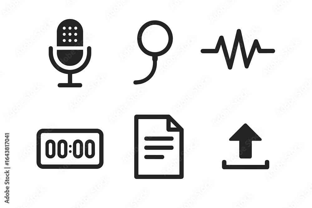Poster visual collection of audio equipment icons including microphone, sound wave, timer, and file upload 