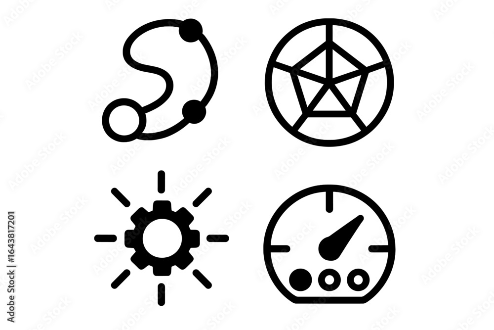 Poster abstract symbols representing technology, innovation, and interconnected systems in a minimalist des