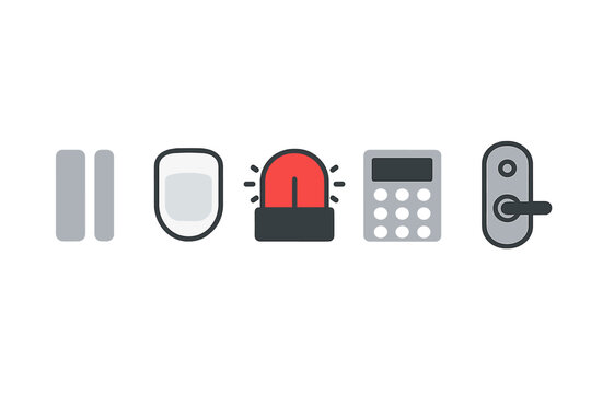 Icons representing various security and emergency systems for safety measures at home and workplaces