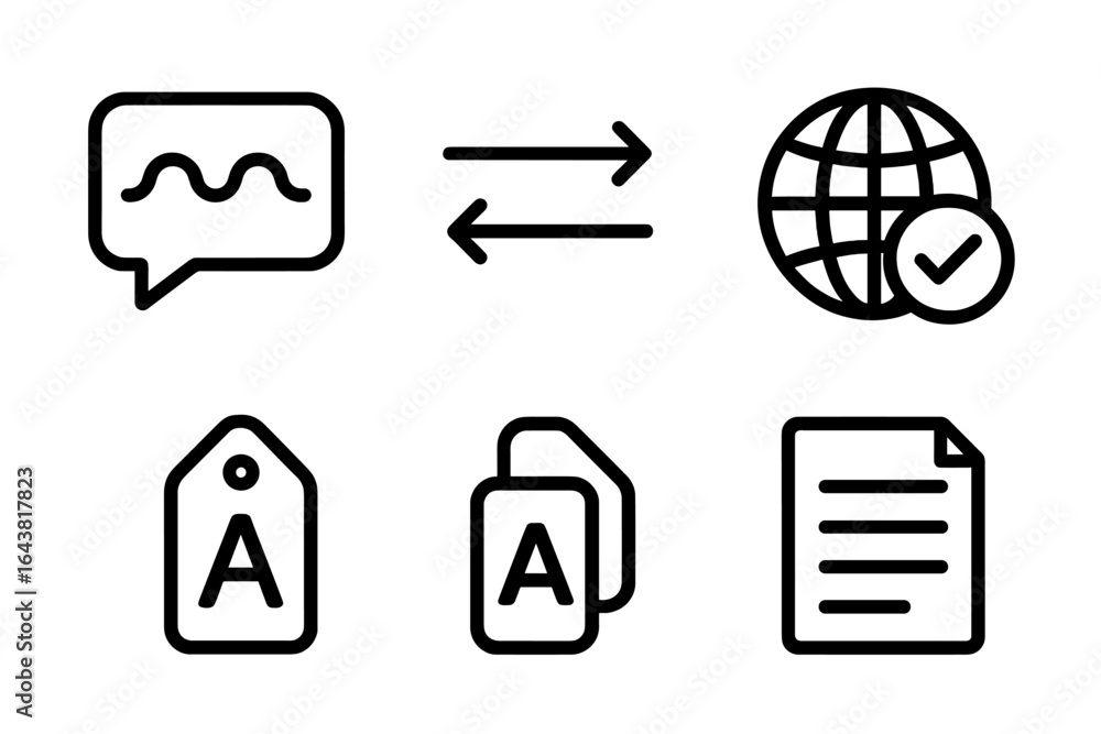 Poster graphic symbols representing communication, exchange, language, and documentation in a global contex