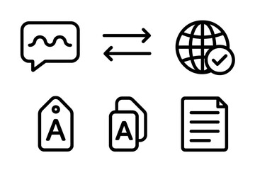 Graphic symbols representing communication, exchange, language, and documentation in a global context