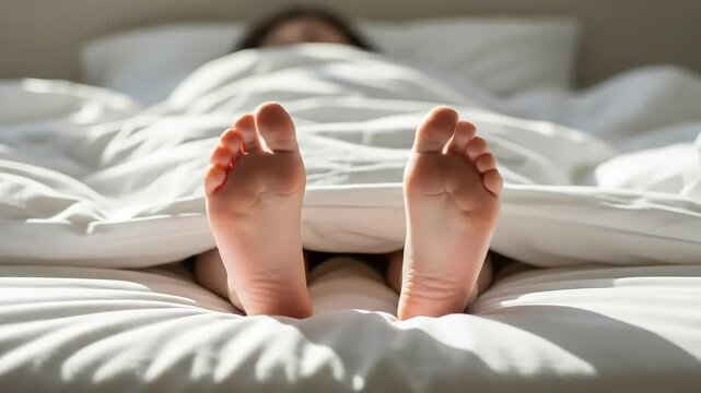 Peaceful teen soles peeking from white bed sheets