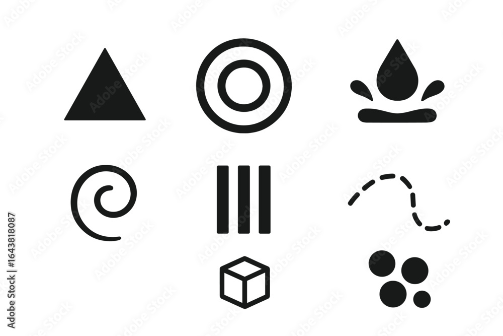 Poster basic geometric shapes and abstract symbols arranged in a grid pattern on a white background