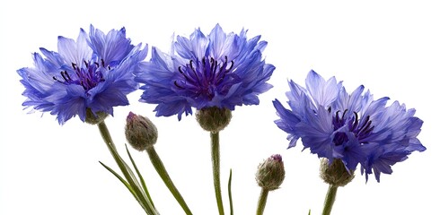 Three vibrant blue cornflowers, two in full bloom and two buds, against a stark white background. The flowers are sharply focused, showcasing their delicate petals and contrasting purple centers