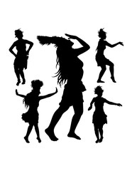 Tahitian hula dancing performance, female traditional dancer pose silhouette