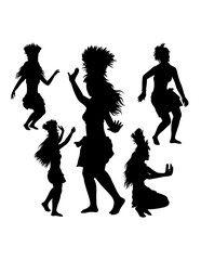 Tahitian hula dancing performance, female traditional dancer pose silhouette