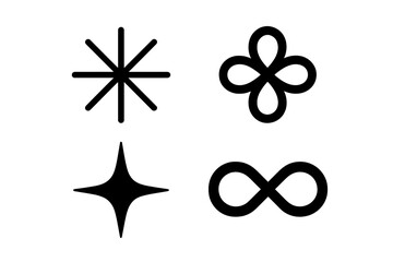 Symbols and shapes representing various concepts including infinity, beauty, and creativity in a simple black design