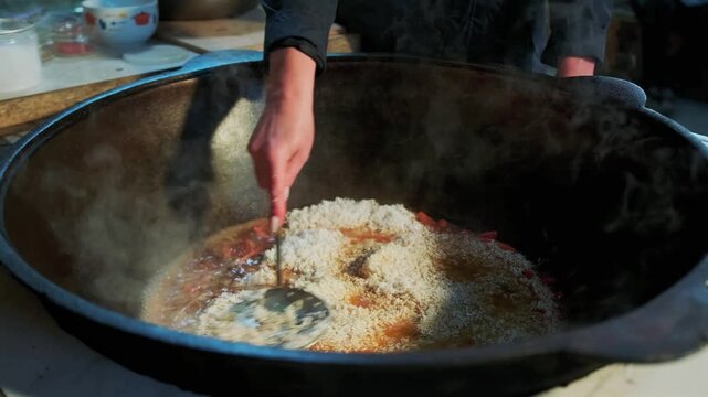 Close-up, rice being added to a boiling broth in cast-iron cauldron during the cooking of traditional pilaf. Steam rises as the rice meets the hot liquid, surrounded by colorful vegetables and meat.