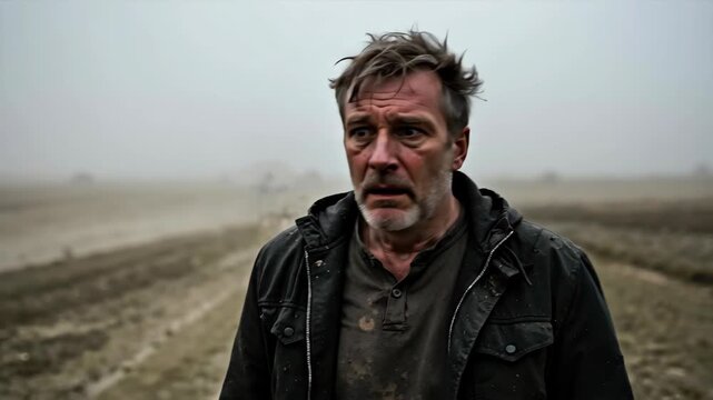 Weary middle aged man standing in foggy barren field, gritty cinematic style, concept of crisis, survival and resilience, suitable for social issues, charity promos and mental health services