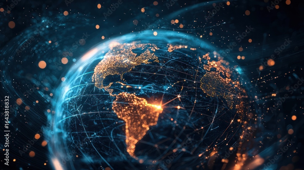 Poster a glowing, illuminated globe with a network of connections and glowing points representing cities an