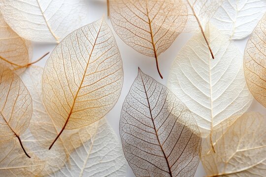 Skeletons of delicate, translucent leaves in beige and white hues scattered on a light background, showcasing intricate vein patterns