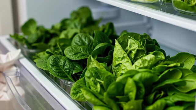 Fresh spinach leaves neatly stored in clear containers inside a refrigerator, crisp natural food style, concept of healthy eating, meal prep and freshness, ideal for diet, cooking and grocery promos, 