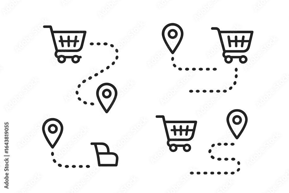 Poster icons illustrating online shopping and delivery pathways in a minimalist style emphasizing convenien